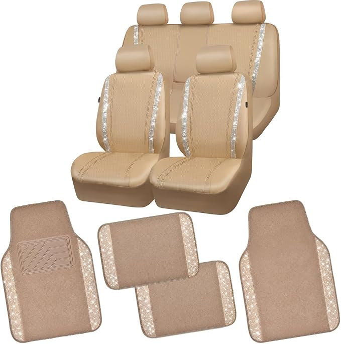 CAR PASS Bling Rhinestones Diamond Car Floor Mat Car Seat Covers Full Set, Crystal Sparkly Shining Glitter Carpet, Waterproof Anti-Slip PVC Heel Pad Universal Fit Interior Girl Women Beige