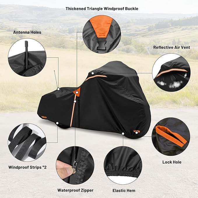 XYZCTEM Motorcycle Cover Heavy Duty Waterproof with Side Box, Fits Harley Davidson Touring Models Road King Road Glide Street Glide Electra Glide Outdoor All Weather Protection, 107 Inch