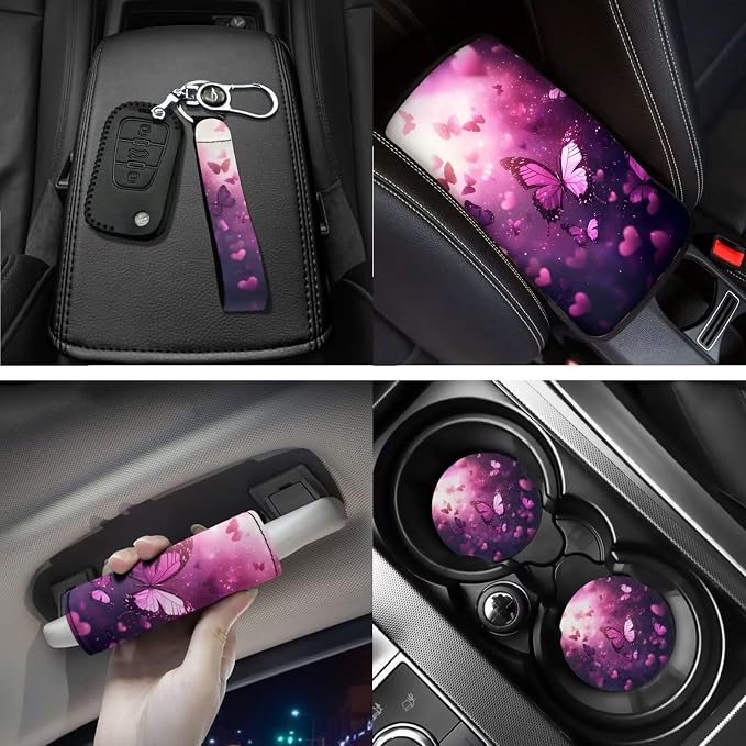 Pink Butterfly Car Seat Covers Full Set with Steering Wheel Cover Floor Mats Seat Belt Pads Armrest Pad Roof Handle Wraps Keychain Cup Coaster Auto Interior Accessories Set of 18
