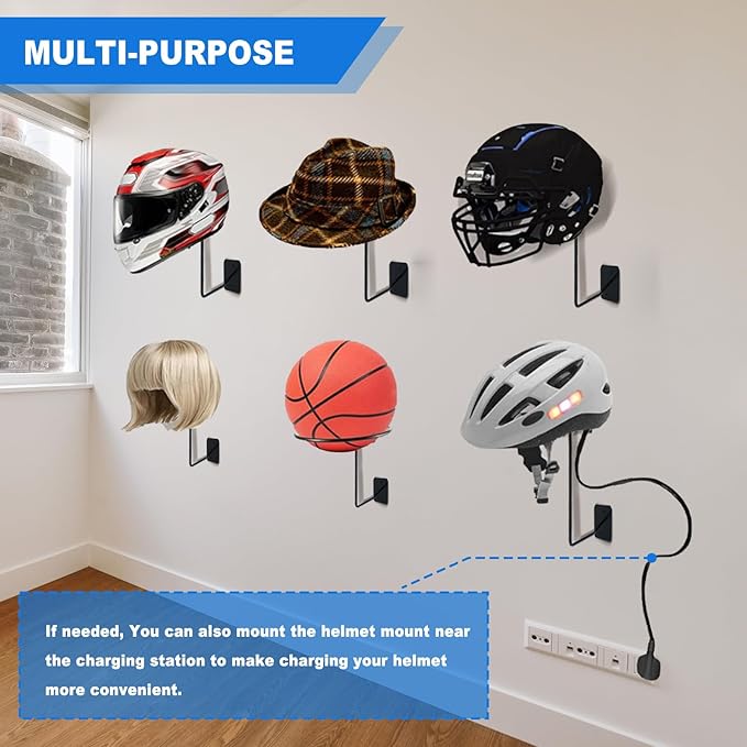 Toolly Wall-Mounted Motorcycle Accessories Helmet Holder Metals Hanger Multifunctional Helmet Rack with Sponge Tubes and Expansion Screws