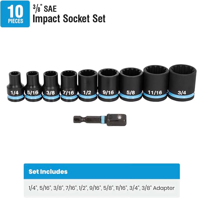 Spyder 10-Piece 3/8-Inch Drive SAE Impact Socket Set with Adapter (19702)