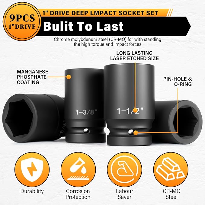 1" Drive Jumbo Impact Socket Set,9 PCS SAE (1",1-1/8",1-1/4",1-3/8",1-1/2",1-5/8",1-3/4",1-7/8",2") Universal Hex Deep Socket Combination,CR-MO Alloy Steel,Heavy Duty Storage Case