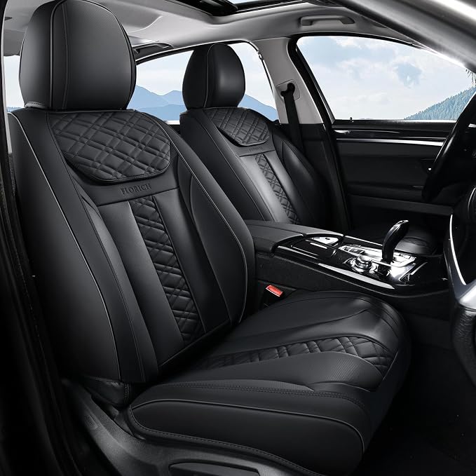FLORICH Seat Covers, Front Seat Covers 2 PCs, Automotive Seat Cover for Cars, Luxury Leather Universal Seat Cover Accessories Fit for Most Cars SUV Truck Sedans(Black)