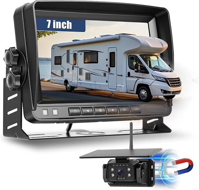 Wireless Solar Backup Camera with 7-Inch HD IPS Display, IP69 Waterproof Magnetic Mount, Infrared Night Vision, No Wiring Easy Installation, Rear View Camera for Car/Truck/Trailer/RV