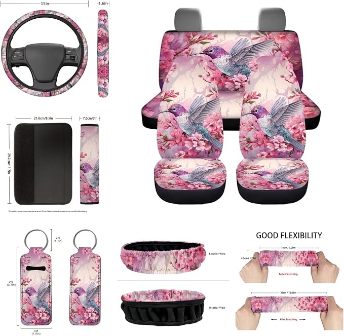 14 Pcs Pink Hummingbird Car Seat Cover Accessory Full Set,Neoprene Steering Wheel Cover/Mirror Cover/Gear Shift Knob&Handbreak Cushion/Coaster/Key+Auto Interior Accessory Protection