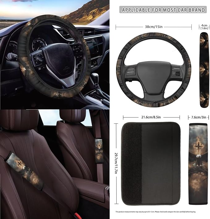 Eagle Cross Pattern 15 PCS Car Interior Accessories, Car Seat Covers + Steering Wheel Cover + Seat Belt Pad + Trash Can + Keychain + Air Vent Storage Bag + Coasters