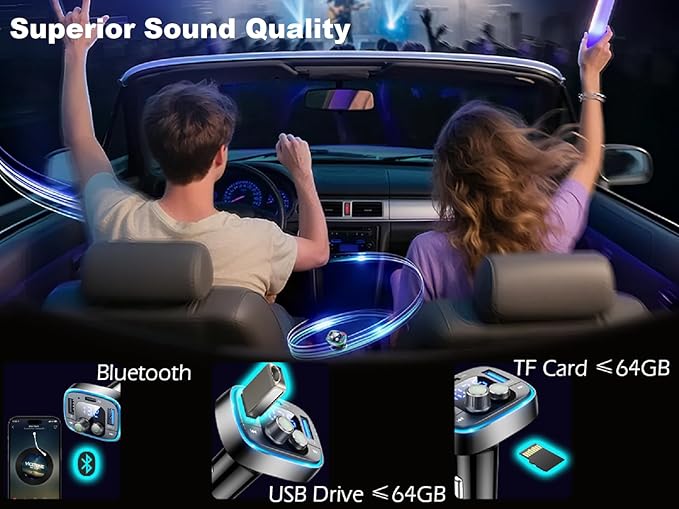 LIHAN USB C Bluetooth 5.4 Car Adapter, Wireless Upgrade Audio System for Non-Bluetooth Vehicles, FM Radio Transmitter, 48W Fast Charging, Stable Hands-Free Calling, MP3 Music Player, Support USB/TF