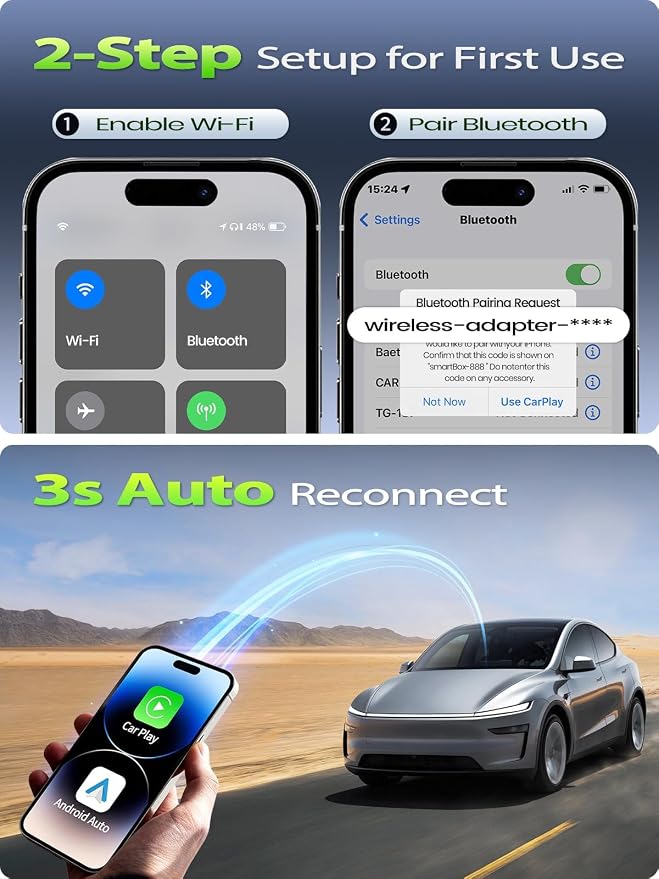 Mini Wireless CarPlay Adapter for Apple iPhone & Android Auto - Convert Wired to Wireless, Gold-Plated USB, Fast, Stable & Auto Reconnect in 5 Seconds, for OEM Wired Apple CarPlay Cars 2016+
