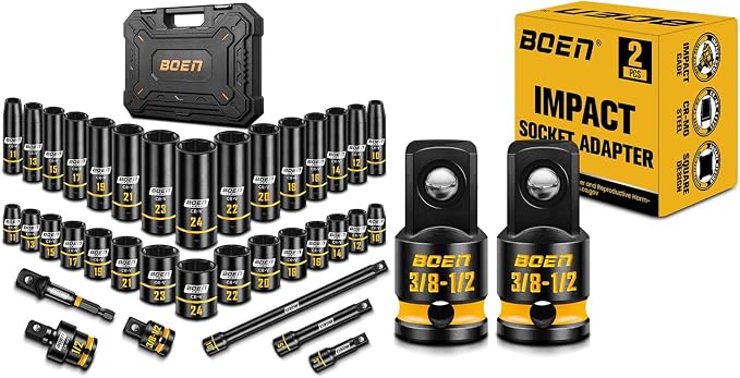 boen 36PCS 1/2" Drive Metric Impact Socket Set + 2PCS 3/8"F to 1/2"M Impact Socket Adapter Set, Yellow Embossed Marking, CR-MO