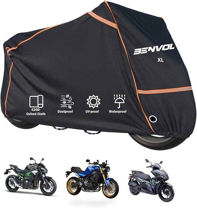 BENVOL 420D Heavy Duty Motorcycle Cover Waterproof Outdoor, 5000mm Rainproof Material Motorbike Cover with 2 Windproof Buckles, Lock Holes & Wide Reflective Strips, Anti-UV Sun Dust Protection