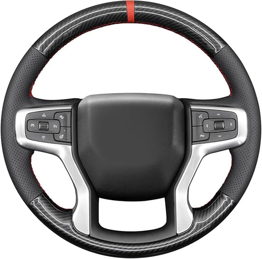 MEWANT Steering Wheel Cover for Chevy Silverado 1500 2019-2024/2500 3500 2020-2024/Blazer 2019-2024/Suburban Tahoe 2021-2024 Carbon Fiber Hand-Stitched Steering Wheel Wrap