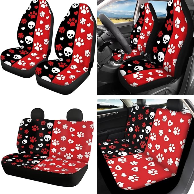 Dog Paw Print Car Seat Covers Set of 18 Skull Love Print Car Front Rear Seat Covers Headrest Protectors Steering Wheel Cover Safety Belt Pads for SUV Sedan, Easy to Install