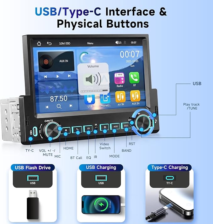 7'' Single Din Car Stereo with Wireless Carplay Android Auto, Single Din Touchscreen Car Radio with Handsfree Bluetooth 5.2 Mirror Link FM EQ SWC, Type-C, USB Port, Backup Camera