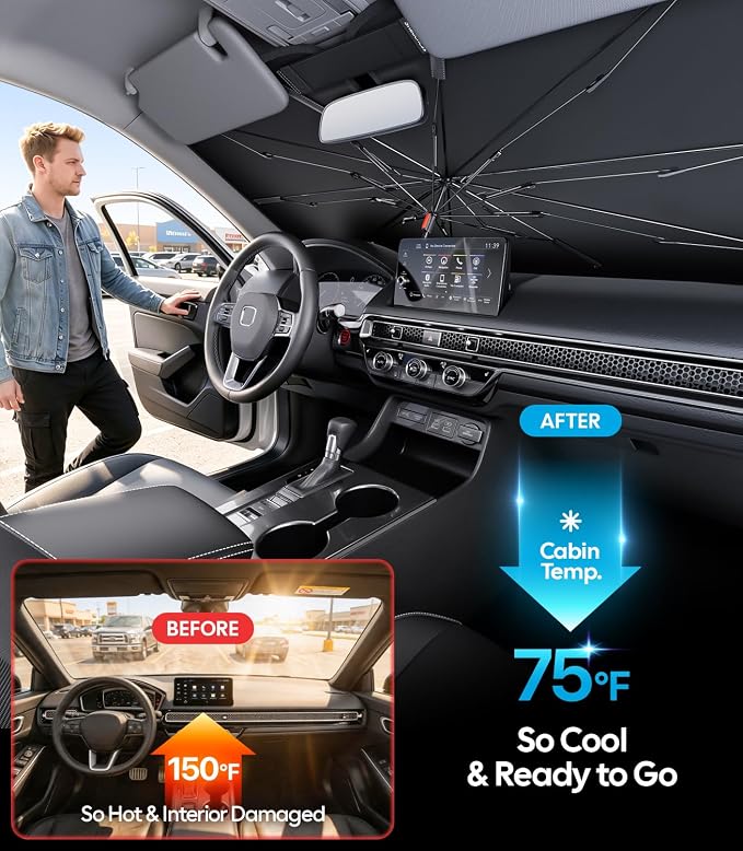 Wigoo Windshield Sun Shade Umbrella for Honda CRV 2000-2026 [100% Sun Blockage, Ice Cooling Fabric] Reflective Heat Insulation, Foldable Front Window Sunshade Umbrella for Honda CRV 2000-2026