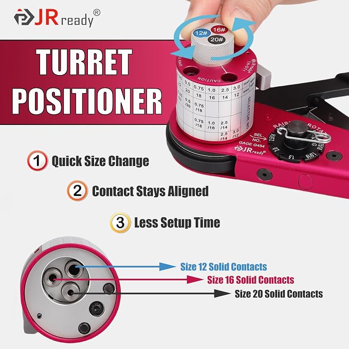 JRready ACT-DT1 Deutsch Crimp Tool Turret-Style (HDT-48-00 Equivalent) for DT/DTM/DTP Connectors Size 12/16/20 Solid Contacts (12-22AWG), 4-Indent 8-Impression Ratcheting Crimper