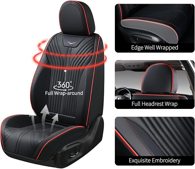 FLORICH Seat Cover for Car Front and Back Seats Leather Automotive Seat Covers Car Seat Covers SUV Custom Waterproof Car Seat Protector Cushion Universal Fit for Most Cars Trucks SUV, Black&Red Line