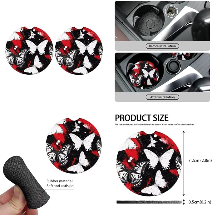 Butterfly 13 Pcs Universal Car Seat Covers Set, Silhouette Black White Butterflies Steering Wheel Cover Cup Coasters Trucks Sedan SUV Cover Armrest Cushion Pad
