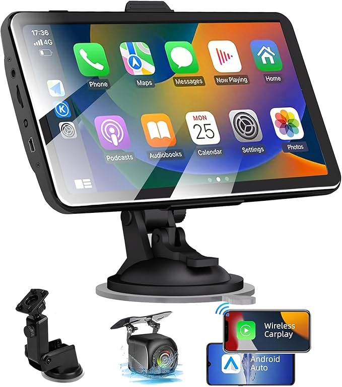 Portable Carplay Screen for Car Compatable with Apple CarPlay and Android Auto,Wireless Car Play Unit with GPS Navigation,Bluetooth,Mirror Link,Touch Screen for All Vehicles (7 Inch+Reverse Camera)