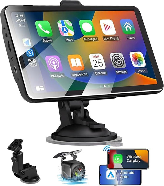 Portable Carplay Screen for Car Compatable with Apple CarPlay and Android Auto,Wireless Car Play Unit with GPS Navigation,Bluetooth,Mirror Link,Touch Screen for All Vehicles (7 Inch+Reverse Camera)