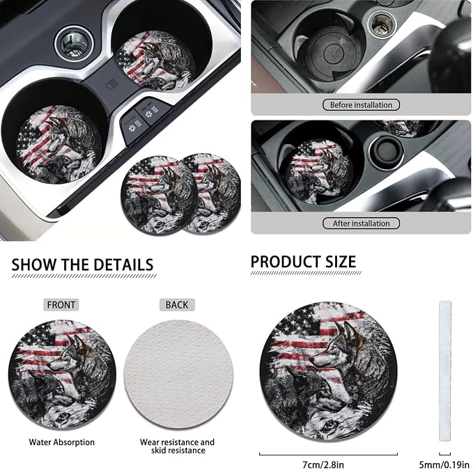KEIAHUAN American Flag Wolf Car Seat Cover Full Set Includes Front and Back Seats Protectors Covers Handbrake and Gear Shift Cover Cup Holder Car Headrest Covers Steering Wheel Cover