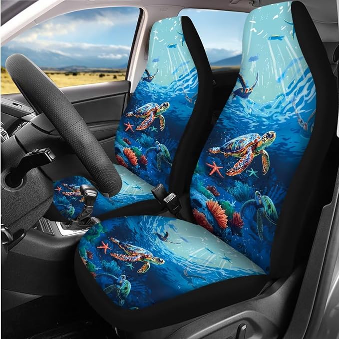 Sea Turtle Prints Car Interior Accessories Set of 8, Car Seat Covers Full Set with Steering Wheel Cover Center Console Pad Seat Belt Covers, Auto Decorations for Women