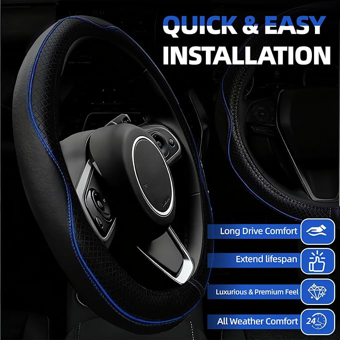 NBTEPEM 6 PCS Car Steering Wheel Cover Set, Microfiber Leather Steering Wheel Covers Universal 14.5-15 inch, Center Console Cover, Seat Belt Cushion, Cup Holder Coaster, Car Accessories Set Blue