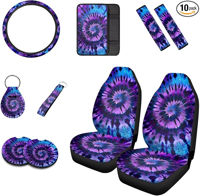 Howilath Purple Swirl Tie Dye Car Front Seat Cover with Center Console Cover+Steering Wheel Cover+Seatbelt Pads+Keychain+Coasters Set of 10 Auto Accessories