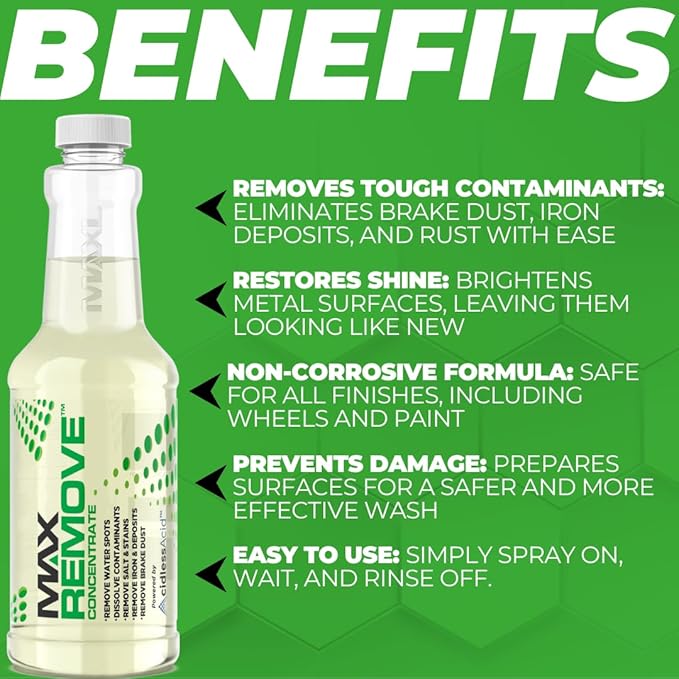 MAXL® MAXRemove® Iron Remover Car Detailing (20oz) - Powered by AcidlessAcid® Technology, Safely Remove Stubborn Water Spots, Grime & Stains from Paint, Glass, Chrome & Wheels – Perfect for Detailing