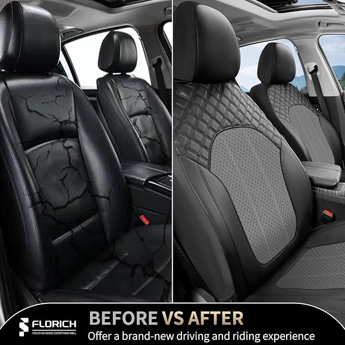FLORICH Automotive Seat Covers 2 Seats Breathable Front Car Seat Cover Leather Air Mesh Car Seat Protector Cushion Airbag-Compatible Universal Fit for Most Car SUV Sedan Truck, Gray&Black