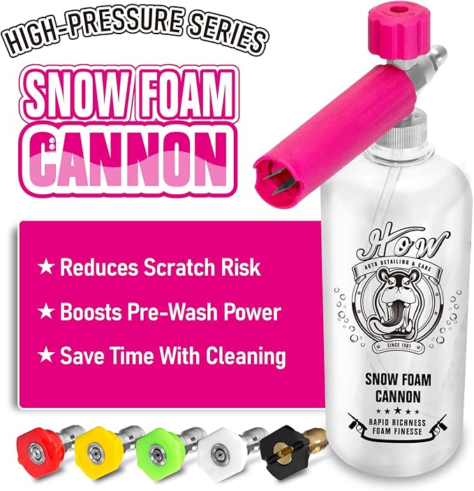 H.O.W Detailing 1L Snow Foam Cannon, Car Foam Sprayer for Pressure Washer with 5 Nozzle Tips, 1/4'' Quick Connector & Adjustable Spray Nozzle