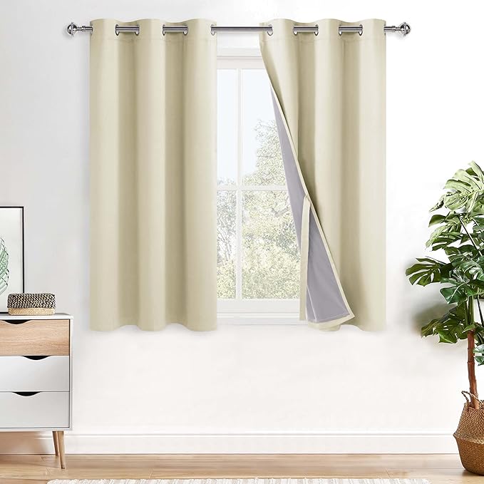 XWZO Total Blackout Curtains 45 Inches Long - Double Layer Full Room Darkening & Energy Efficiency Grommet Window Panels with Tiebacks, Beige, W42 x L45, Set of 2