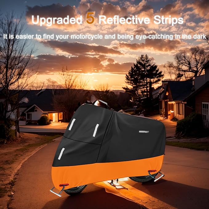 SECELES 300D XL Waterproof Motorcycle Cover Durable All Season Outdoor Protection Forro para Moto Motorcycle Covers for Italica 150cc, Double Stitched Seams (XL 82" x 37" x 50", Black & Orange)