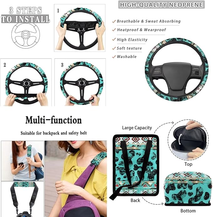 XYZCANDO Tribal Stripes Car Accessories Sets 15 PCS Car Seat Cover Set Steering Wheel Cover Garbage Bag Storage Box Rear View Mirror Cover Seat Belt Pads Cover Coasters Keychain Fit Most Cars
