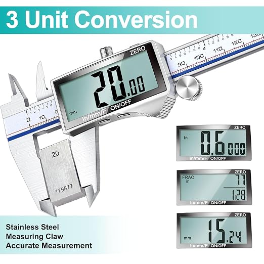 Kynup Digital Caliper Measuring Tool, Vernier Dial Caliper Digital Outside Micrometer, 6 Inch Caliper DIY Tool, Stainless Steel, Large Screen, Splash Proof, Inch Metric Fraction Switch