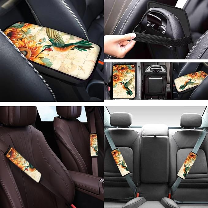 Sunflower Hummingbird 12 Pcs Car Seat Covers Full Set with Steering Wheel Cover,Seat Belt Covers Cup Holder Center Console with Keychain Universal Fit for Cars SUV