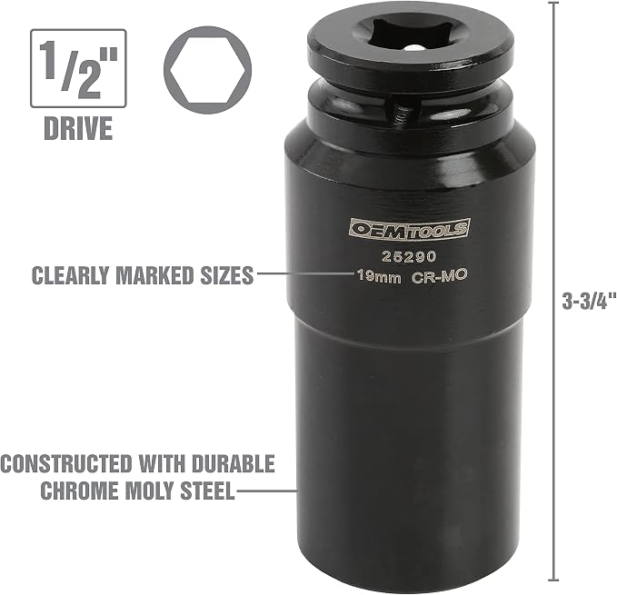 OEMTOOLS 25290 19mm Crank Bolt Socket, Heavy Duty Harmonic Balancer Socket For Stubborn Bolts, 19mm Impact Socket 1/2 Drive Crank Bolt Removal Tool