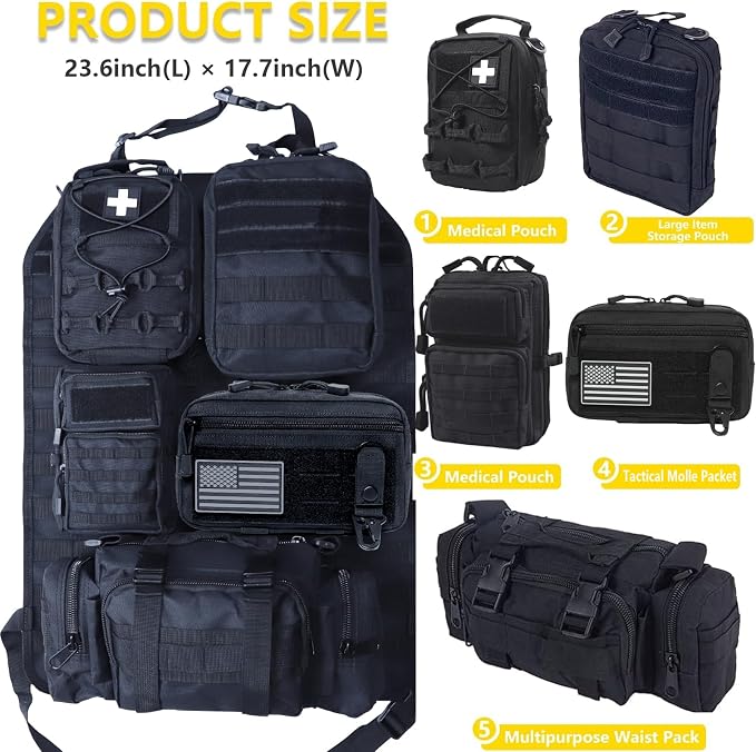 Universal Tactical Car Seat Back Organizer Bag Tactical Molle Vehicle Organizers Panel Vehicle Protector Organizers with 5 Detachable Pouches for Car (Upgraded B black)