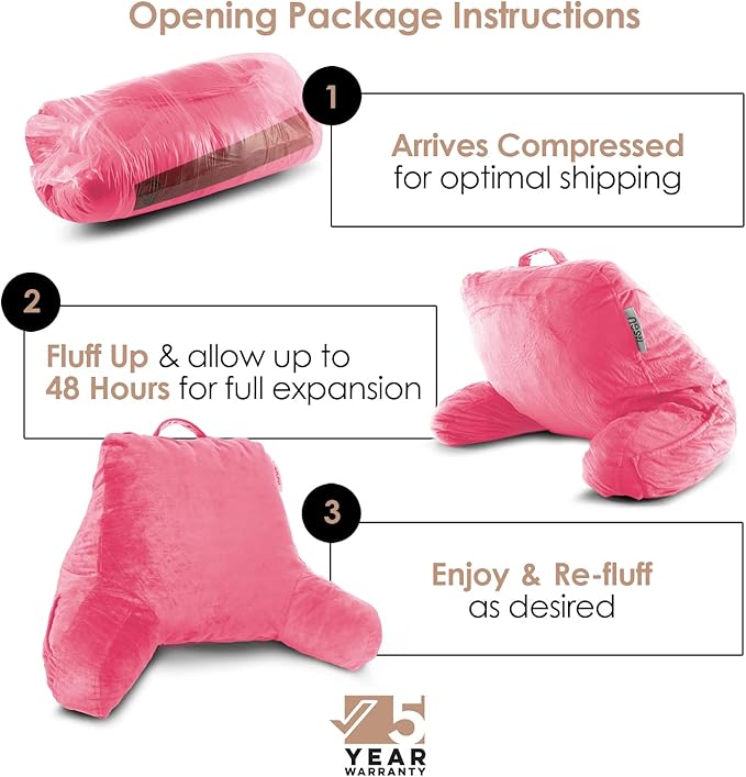 Nestl Reading Pillow with Shredded Memory Foam, Designed for Sitting Up in Bed and Couch, Back and Arms Adjustable Support for Adult & Teens Backrest Pillows for Reading with Washable Cover Light Pink