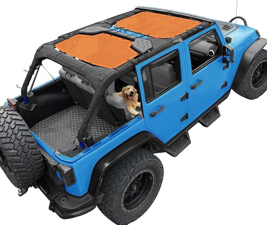 JK Sun Shade Top Compatible with Jeep Wrangler 4 Door 2007 to 2018 Sunshade Sunroof Bikini Cover Blocks UV Wind Noise Orange Mesh for Front and Rear 2 pcs