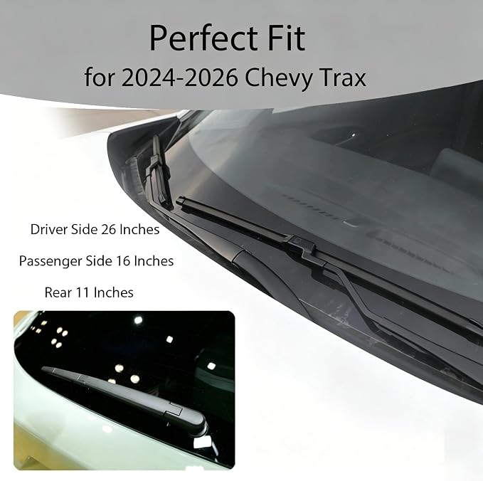 Windshield Wiper Blades for 2024 2025 2026 Chevy Trax - Front & Rear Set, OEM Exact Fit, All-Season Rubber with Premium Aerodynamic Design
