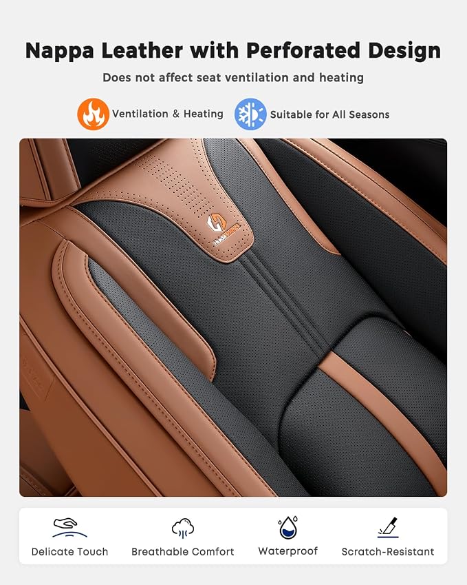 Huidasource Front Seat Covers Luxury Nappa Leather, Driver Seat Cover with Airbag, Front Storage Pocket, Lumbar Support, Cooling＆Heating, Seat Cover Universal Fit for Most Cars SUV Trucks, Brown&Black