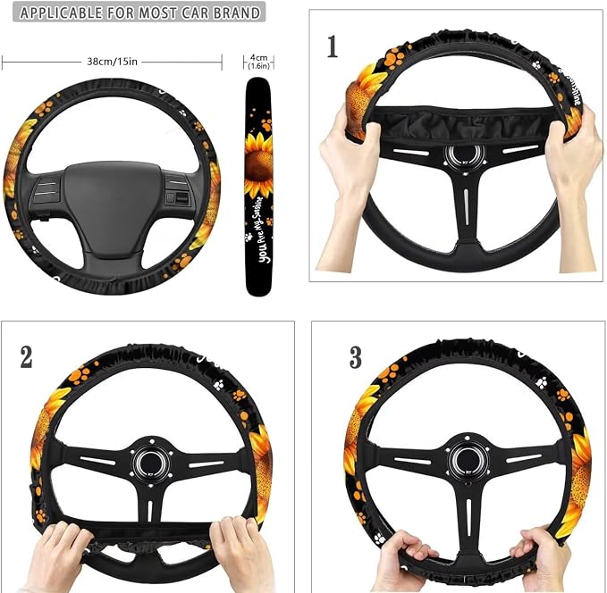 POLERO You are My Sunshine Car Seat Cover Set for Women Cute Dog Paws Print Car Accessories 11pcs Steering Wheel Cover Sets with Keychains