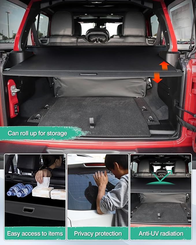 Powerty Cargo Cover for 2018-2023 Jeep Wrangler JL 4 Door Hard Top (Not for 2.0T 4XE & Soft Top) Accessories Trunk Cover Retractable Rear Trunk Security Cover Shielding Shade