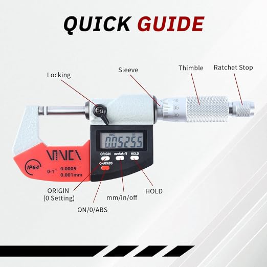 VINCA Absolute IP64 Origin Digital Micrometer, DMCA-0105 0-1"/0-25mm, 0.00005" /0.001mm Resolution, Hold Function, Carbide Tip