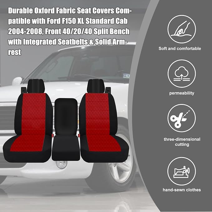Front Durable Fabric Seat Covers for Ford F150 XL XLT Standard Cab 2004 2005 2006 2007 2008, Front 40/20/40 Split Bench with Integrated Seatbelts & Solid Armrest-Red