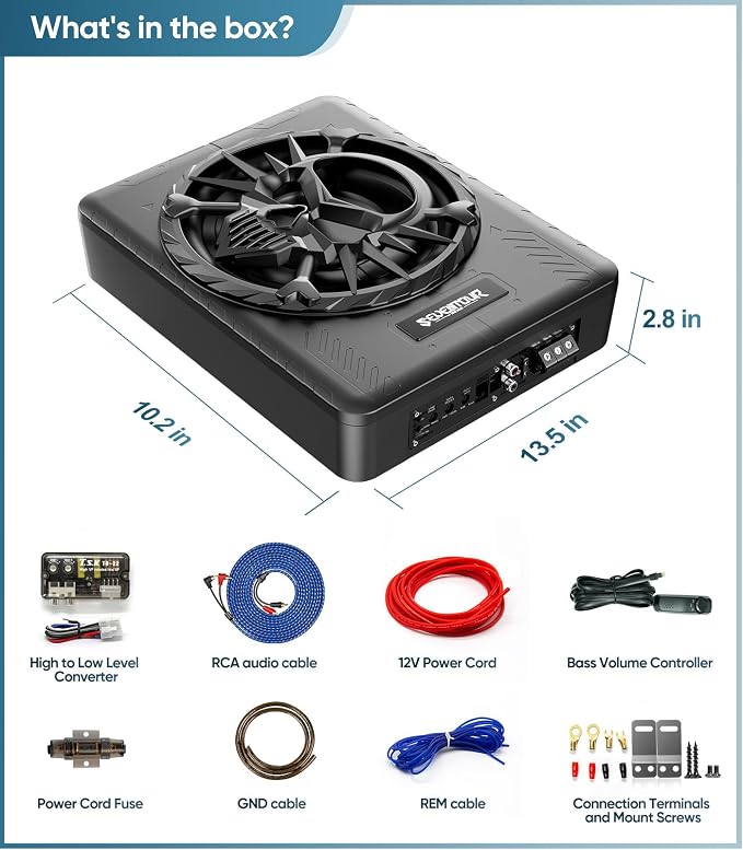 Seventour 10" 1200W Slim Under Seat Powered Car Subwoofer, Car/Truck Audio Sub Built in Amplifier amp Combo, with LED Ambient Light (Subwoofer + Mounting Wire Kit)