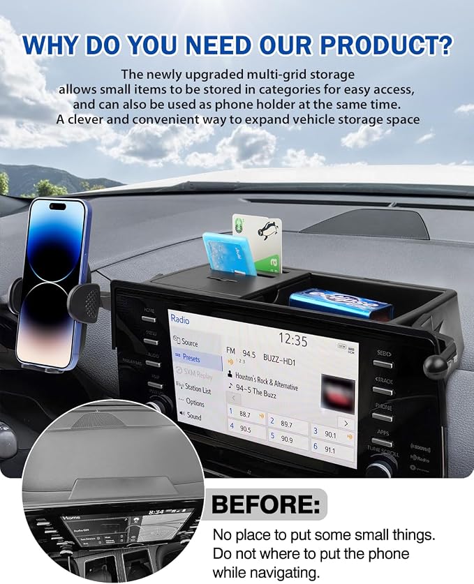 Autorder Car Phone Holder for 2021-2024 Toyota Sienna Accessories Center Console Dash Organizer with Dedicated Card Coin Storage Box 360°Rotation Phone Mount Hands-Free (Only for 8'' Screen)