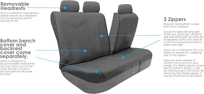 FH Group Automotive Seat Cover Protector Universal Fit Full Set Rome PU Leather Gray - Airbag Compatible and Split Bench Seat Covers for Cars Trucks SUV Combo Vinyl Floor Mats Interior Accessories
