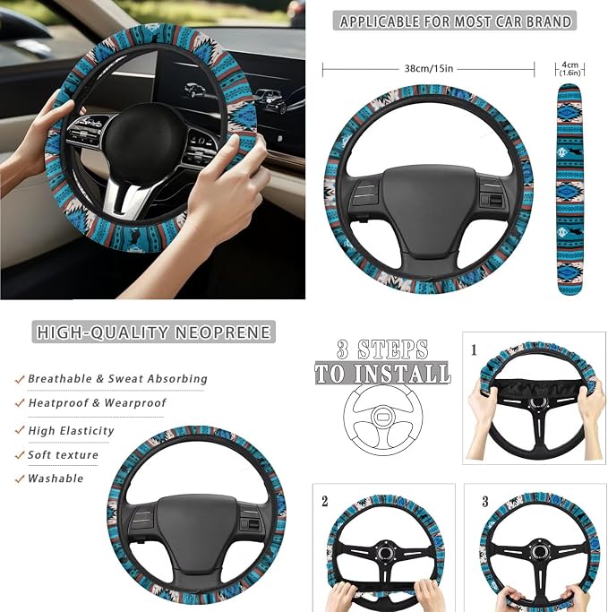 Blue Tribal Horse Car Seat Covers Set of 15 with Universal Steering Wheel Cover, Rearview Mirror Cover, Car Trash Can, Seatbelt Pads, Cup Holder Coasters, Keychains
