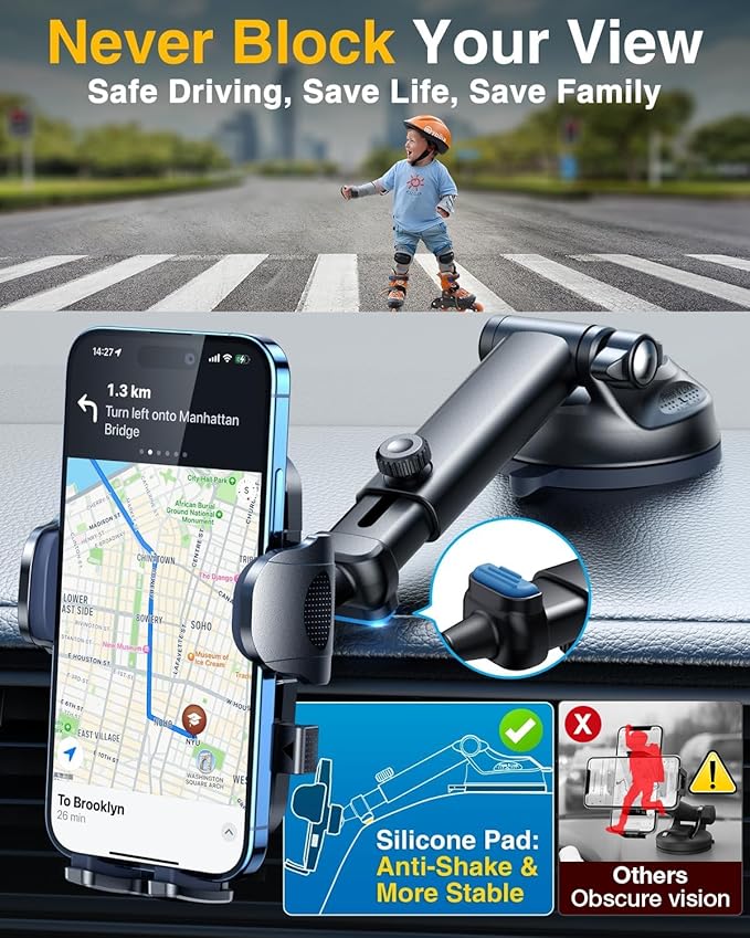 YRU True Military-Grade [360° Rotation Suction] 2026 Ultimate Car Phone Holder Mount 【90+LBS Safest Strongest & Patent Certs】 Dashboard Windshield Vent for iPhone 17 16 Pro Max Samsung, Jet Black